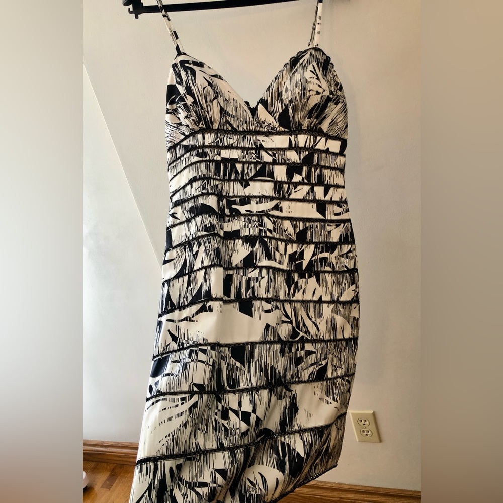 Nina Austin Designer 100% Silk Black and White Striped Floral Mini Dress